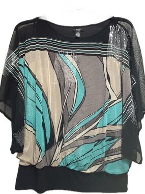 Alfani Teal, Beige and Black Abstract Print Sheer-Dolman Sleeve Tunic